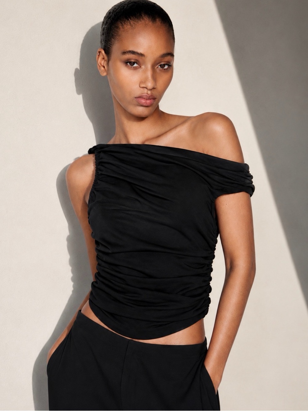 Zara Black Ruched Asymmetrical Draped Top Size M NWT